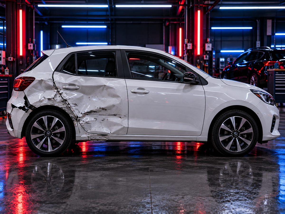 Voiture blanche avec l'arrière enfoncé, avant réparation